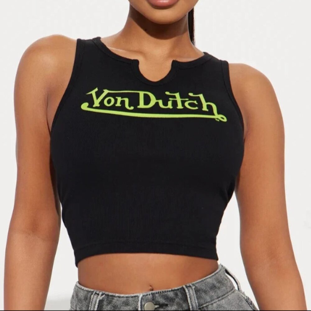 Von Dutch Graphic Ribbed Notch Neck Tank Top Women's Size XL Black